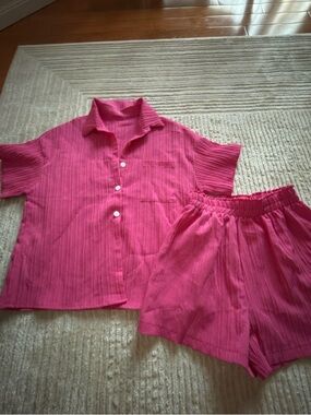 Bright Pink Short Button-Up and Elastic Waist Shorts Set